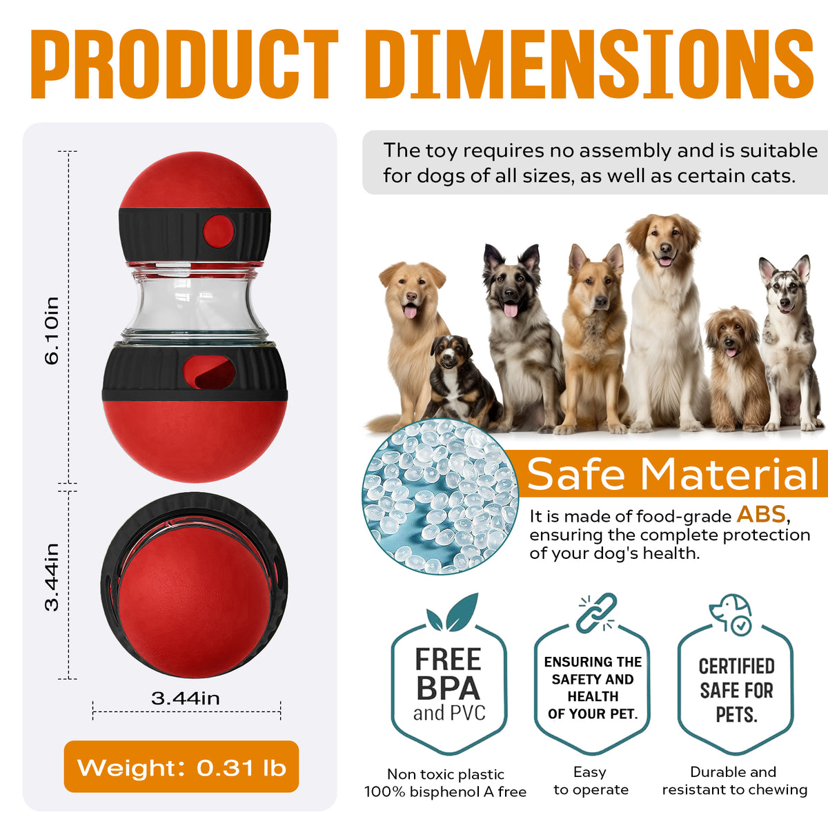 Product dimensions - food-grade ABS, BPA free, safe for pets